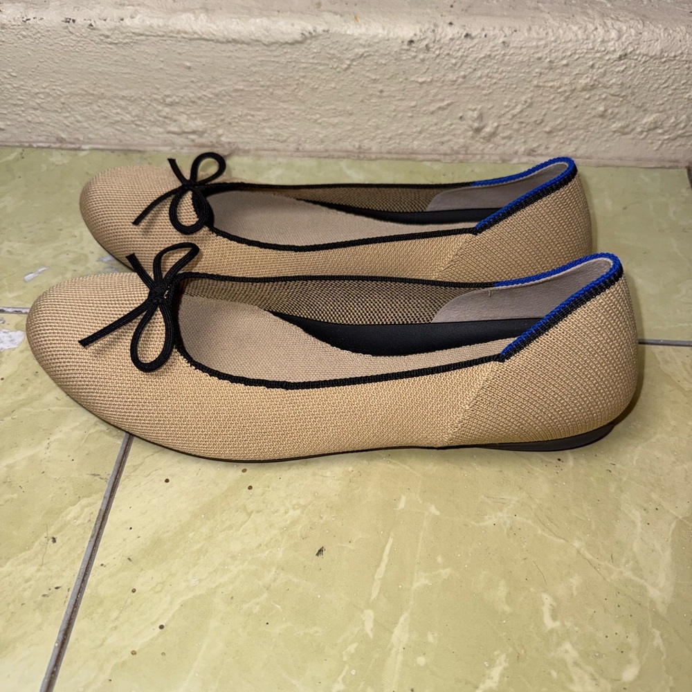Rothy’s Tan Knit Ballet Flats Black Bow Round Toe Sustainable Size 9.5 - Picture 8 of 9